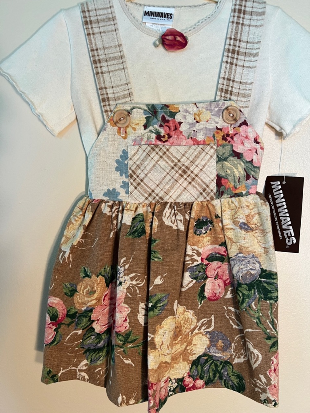 Vintage Miniwaves Floral Patchwork Dress Cream Tee-Yellow Brown & Pink Floral